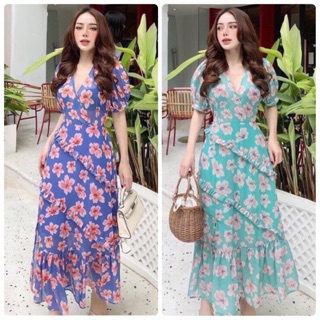Đầm maxi voan hoa nhấn bèo