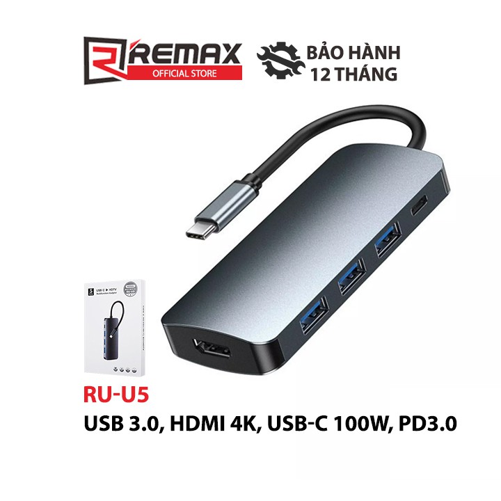 HUB Chuyển đổi 5 trong 1 Remax RU-U5 1 cổng Type c ra 01 Cổng HDMI 03 Cổng USB 3.0 và 01 Cổng Type C tích hợp PD