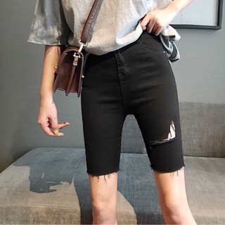 Quần ngố lửng jeans size đại siêu co giãn - lưng cao phom to - rách l ngược