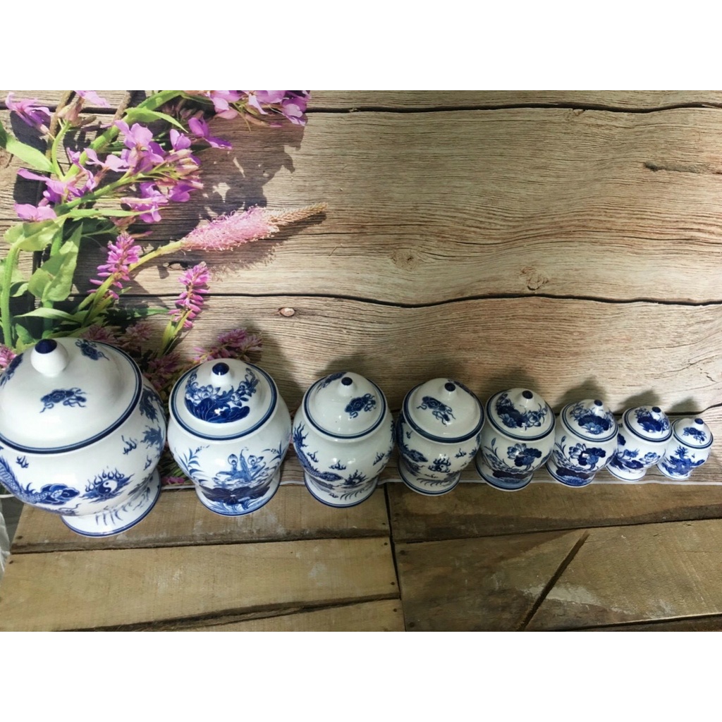 Chóe đựng muối, gạo, nước thờ cúng men lam bát tràng