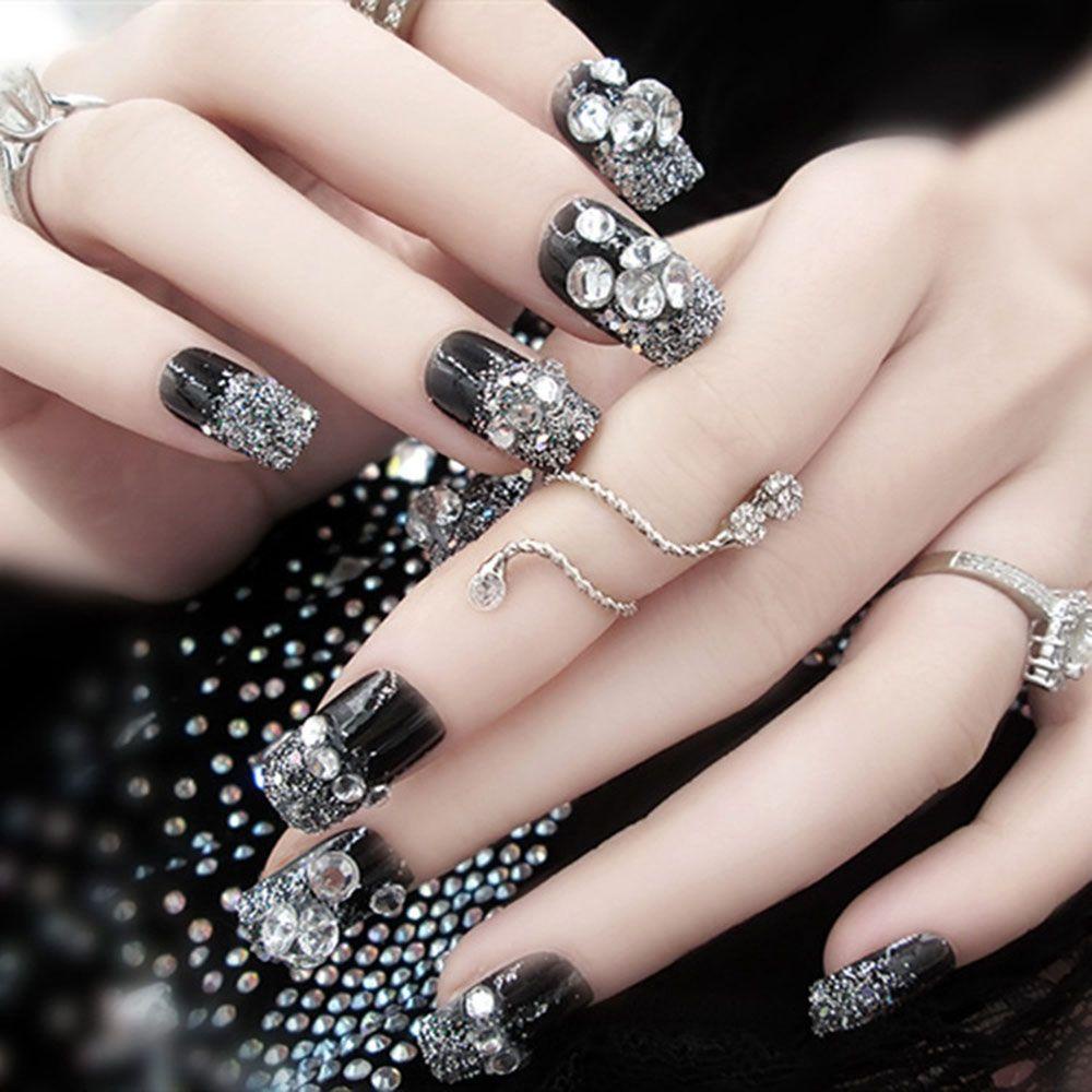 DIACHAVN Bộ Móng Tay Giả Kèm Keo Dán Đính Đá Lấp Lánh