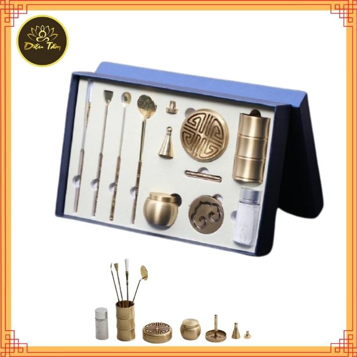 Bộ dụng cụ đốt trầm khuôn tạo trầm bột bằng đồng dùng cho lư đồng xông trầm đồ thờ cúng