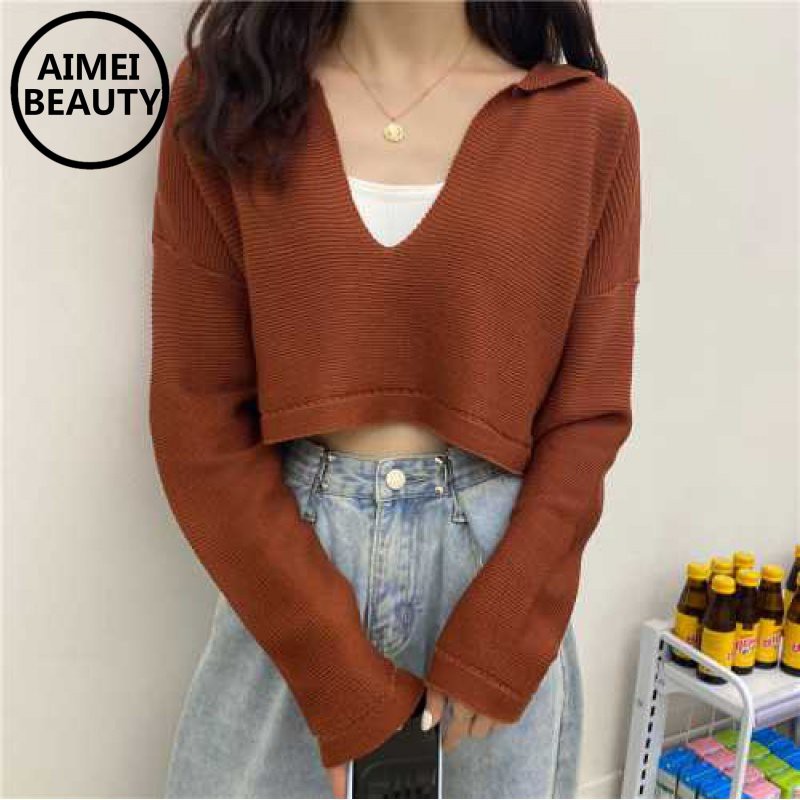 Áo croptop dệt kim tay dài cổ chữ V thời trang phong cách Hàn Quốc