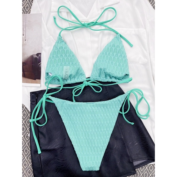 Bikini dáng tam giác thun đáp nhung xanh ngọc 2M0070