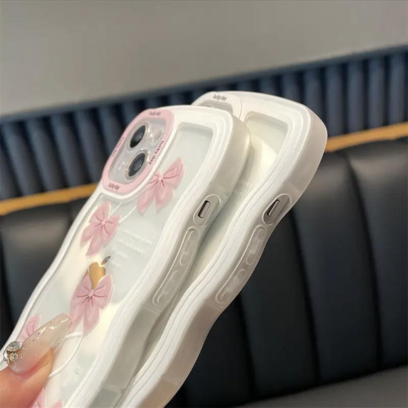 Ốp Điện Thoại Họa Tiết Lượn Sóng Đính Nơ Dễ Thương Gắn Dây Đeo Tay Cho Iphone 13Promax 1112Minixr78Plus