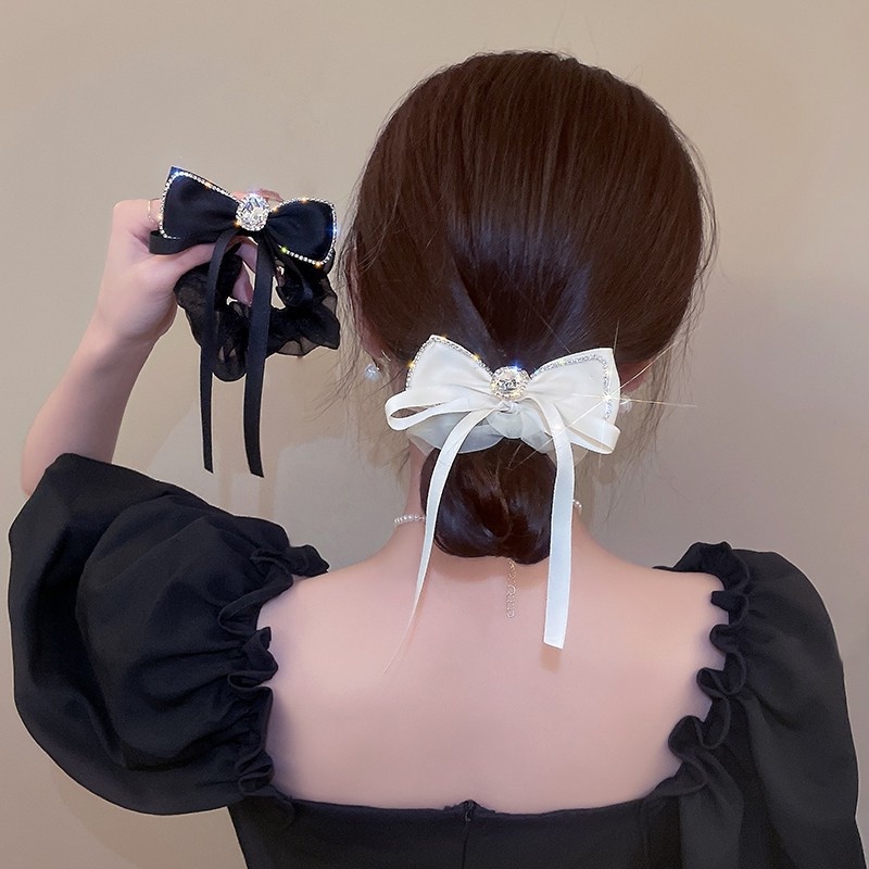 Dây Buộc Tóc Cao Su Co Giãn Phối Họa Tiết Nơ Kim Cương Cổ Điển Thời Trang Hàn Quốc Cho Nữ