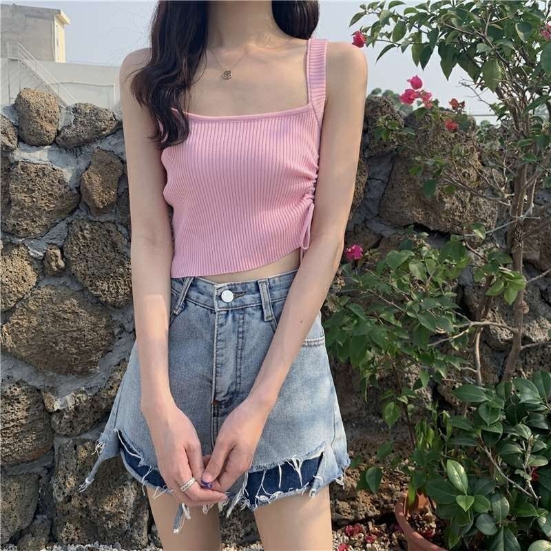 Áo Hai Dây Dệt Kim Dáng Ngắn / Dây Rút Thời Trang Trẻ Trung