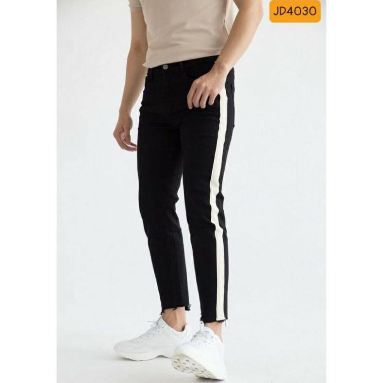 🔥HÀNG SIÊU CẤP🔥 Quần jean, quần bò nam đen sọc trắng rách gối thời trang Hàn Quốc chất jean cao cấp không bai màu !
