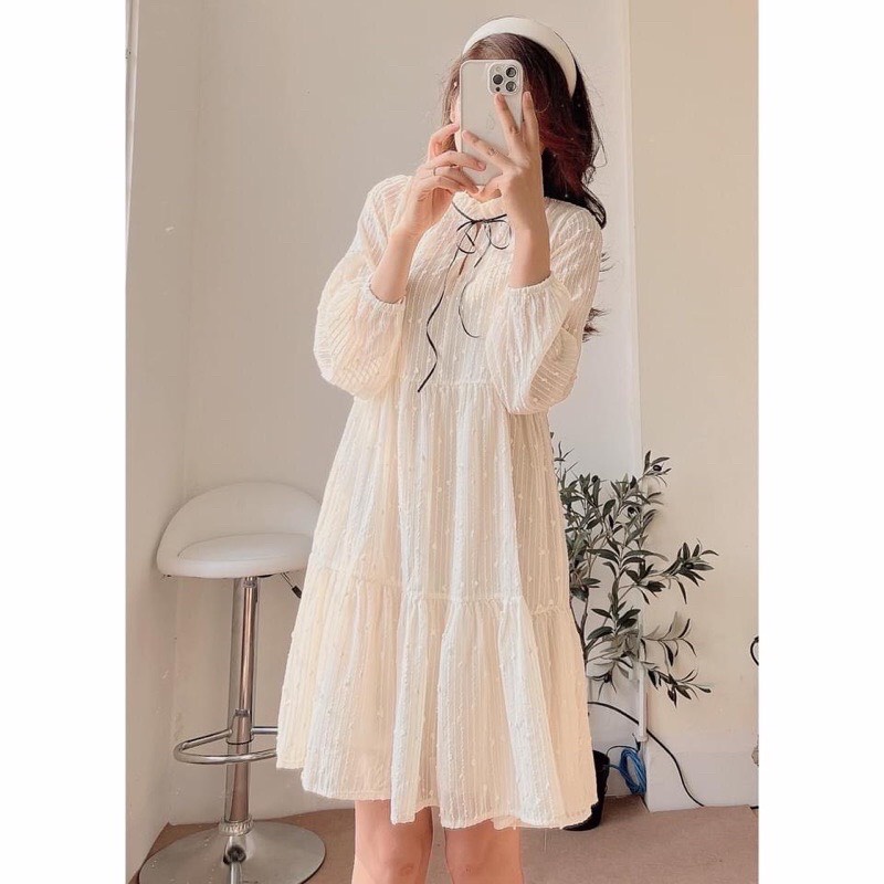 [Quà tặng là chun tóc nữ tính nhiều màu dai dẻo đàn hồi] Váy đầm babydoll hạt bông nơ cổ Lucy Outfit thiết kế | BigBuy360 - bigbuy360.vn