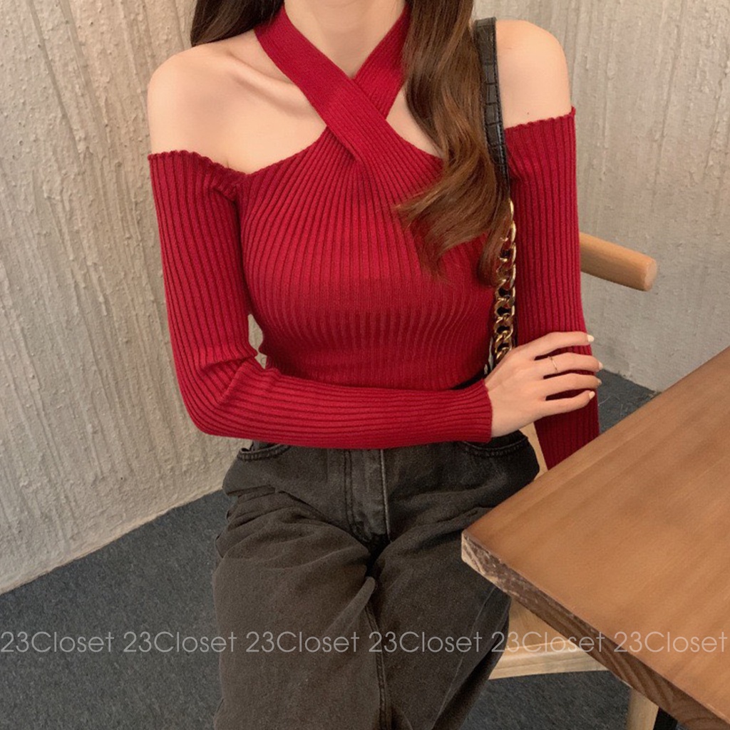 Áo len tăm tay dài trễ vai nữ 23Closet kiểu Hàn Quốc dáng dài hở vai cao cấp chất co giãn tốt  - ALTT01 | BigBuy360 - bigbuy360.vn