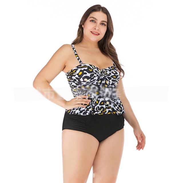 Bộ bikini big size quần đen áo da beo tắm biển thun không thấm nước size 75-105kg
