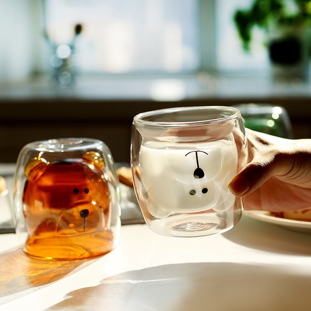 Cốc Nước Thủy Tinh Hai Lớp Hình Gấu Hoạt Hình Dễ Thương 300ML