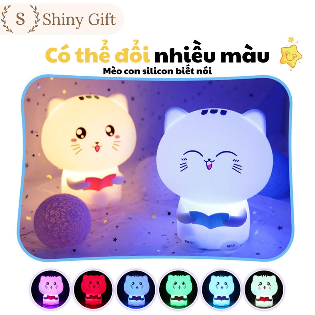 Qùa tặng, đèn ngủ silicone mèo con đọc sách có chức năng ghi âm