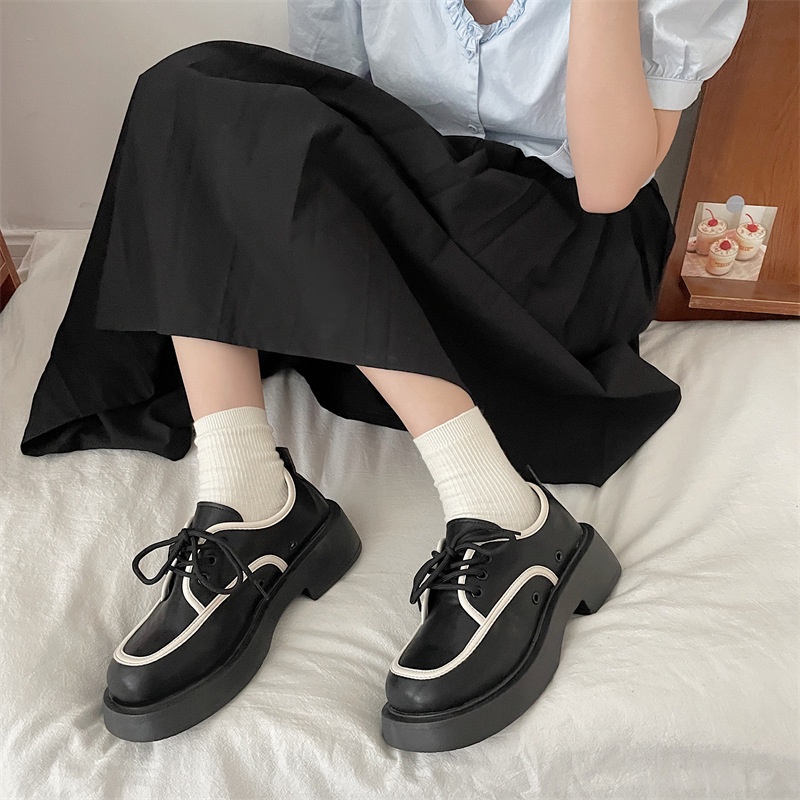 Giày Da Mũi Vuông Đế Dày Buộc Dây Kiểu retro Anh Dễ Thương Cho Nữ