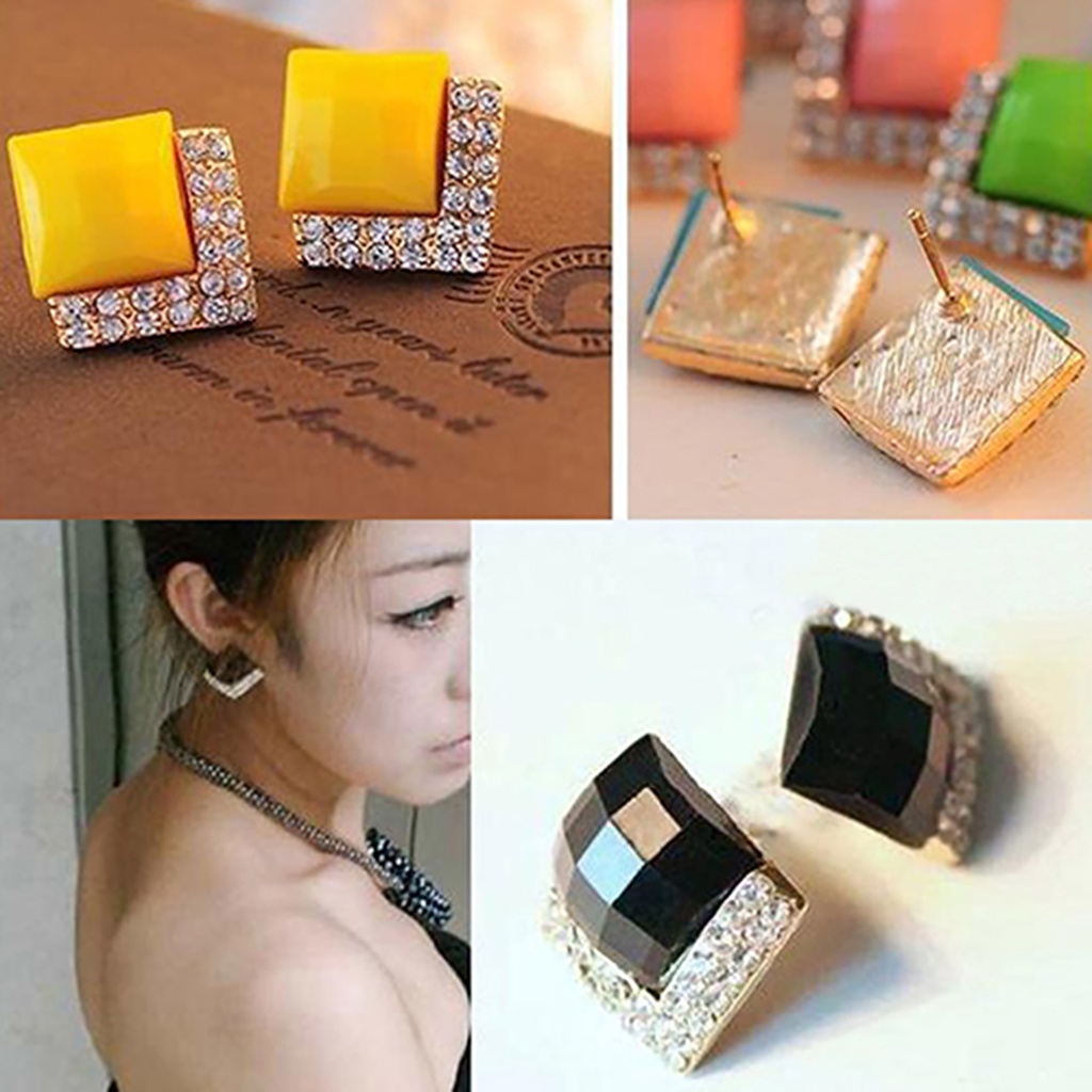Đôi bông tai hình vuông phối đính đá thời trang cho nữ