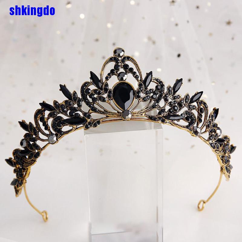 Vương miện nữ hoàng đính đá pha lê nhân tạo màu đen phong cách retro thời trang dành cho cô dâu