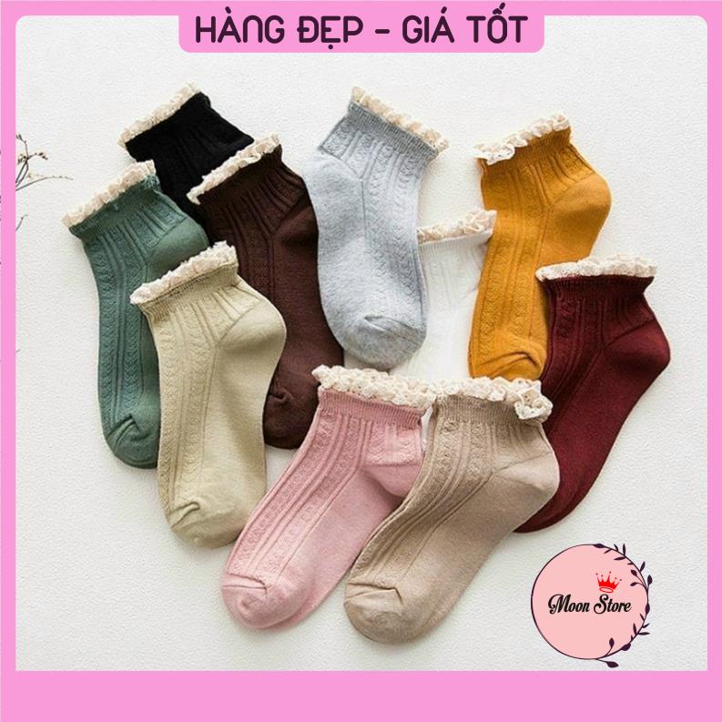 Tất vớ nữ cổ ngắn len gân phối cổ bèo nhún Vintage phong cách Hàn Quốc