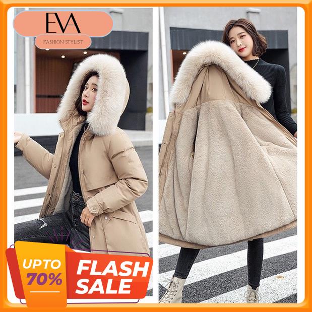 Áo khoác parka nữ kaki trần lông mũ lông bồng túi chéo có dây rút eo Evafashion