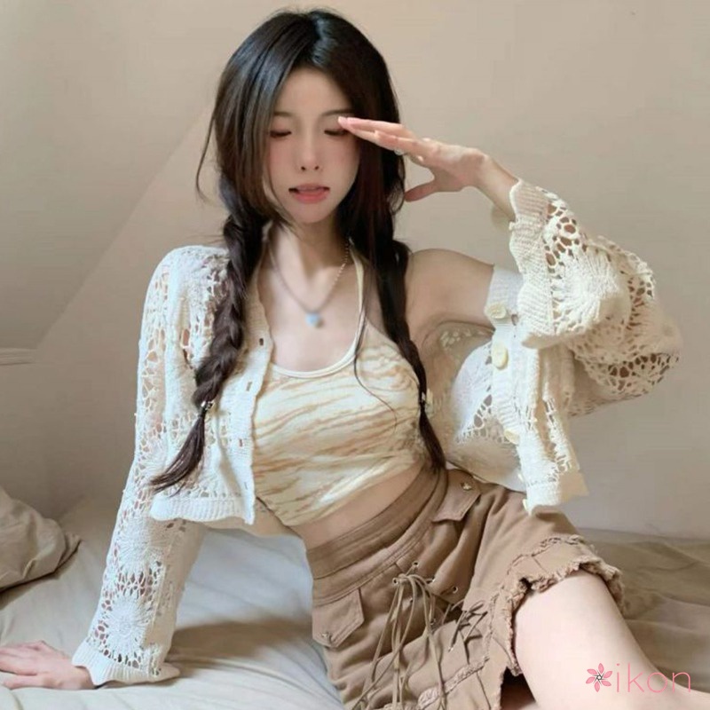 1 Bộ Áo Khoác Cardigan Dệt Kim + Áo Sát Nách Hở Lưng Kiểu Hàn Quốc Gợi Cảm