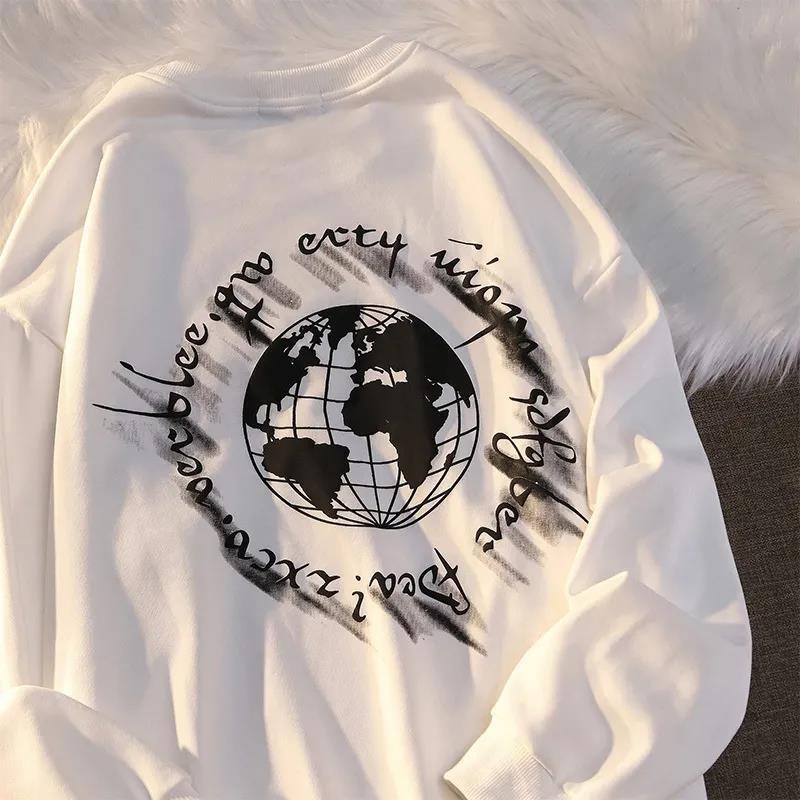 Áo thun nỉ ZHELIHANGFEI tay dài dáng rộng in hình trái đất phong cách retro cao cấp