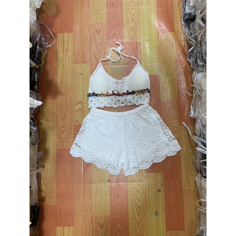 set biển - set 2 món - bra vẩy cá mix hạt + quần ren hoa cạp nhỏ (có tách rời)