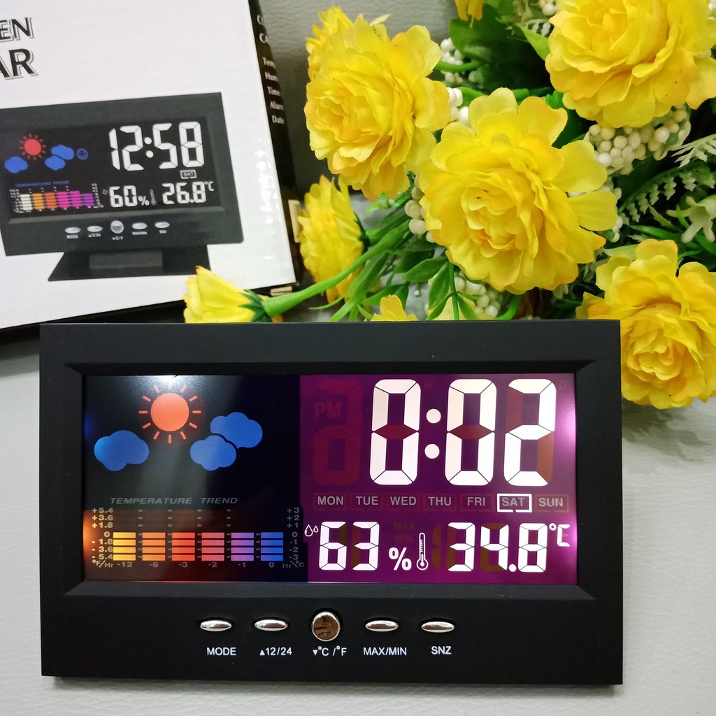 Đồng Hồ 8082T Để Bàn LED LCD Báo Thức Thời Tiết Cảm Biến Âm Thanh Cao Cấp - MÀU ĐEN