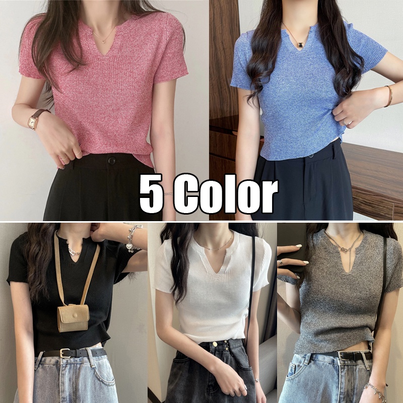 Áo Croptop Dệt Kim Tay Ngắn Cổ Chữ V Thời Trang Mùa Hè Phong Cách Hàn Quốc Cho Nữ