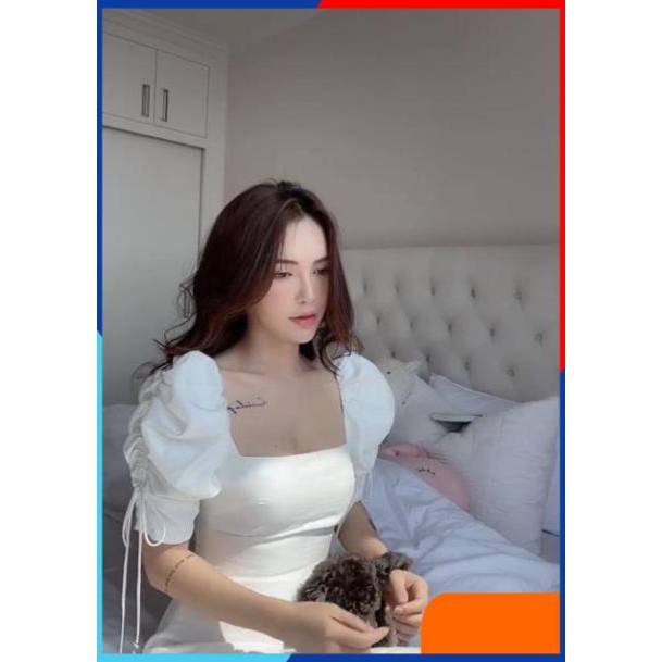 Váy Nữ, Đầm dự tiệc cổ vuông tay bồng rút dây sang chảnh B009