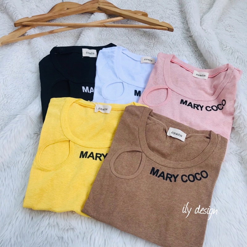 Áo Thun Giấy Ngắn Tay Khoét Giọt Lệ Phối Chữ MARY COCO - AN16