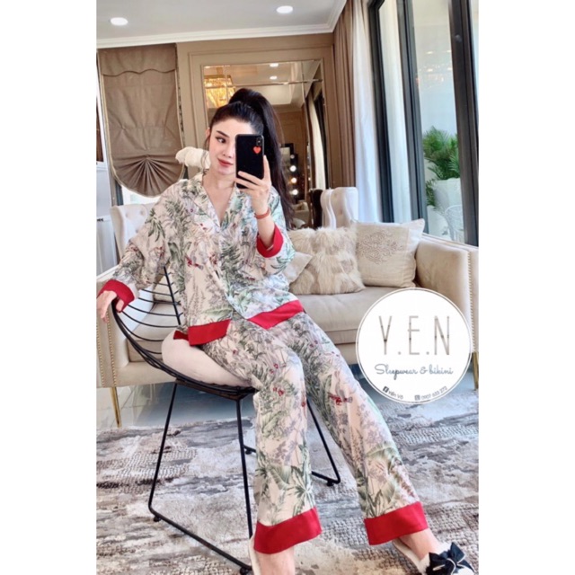 Bộ PIJAMMA lá xanh quần dài tay ( loại xịn) lụa satin cao cấp quảng châu