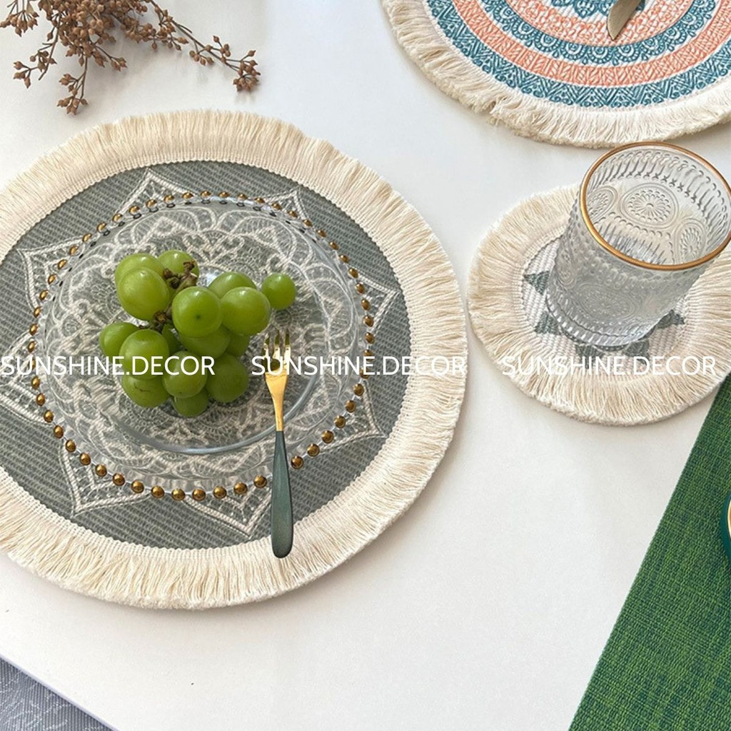 Thảm Thổ Cẩm Tròn Tua Rua Trang Trí Lót Bàn Ăn Phong Cách Vintage- Sunshine.decor