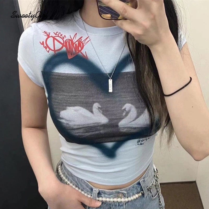 Áo Thun Crop Top Ngắn Tay Cổ Tròn In Họa Tiết Thời Trang 2022 Cho Nữ