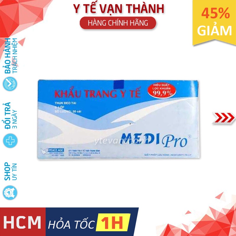✅ Khẩu Trang Y Tế- Medi Pro (Hộp 50 Cái - 3 Lớp), Thời Thanh Bình -VT0371