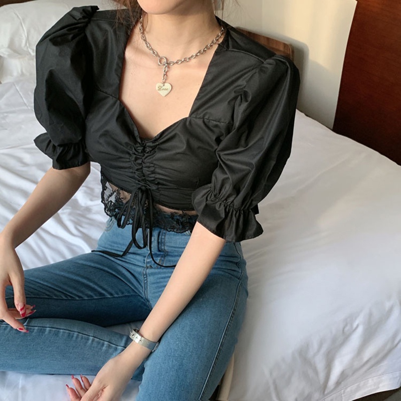Áo kiểu IELGY cổ chữ V tay ngắn phối dây rút ren phong cách retro dành cho nữ