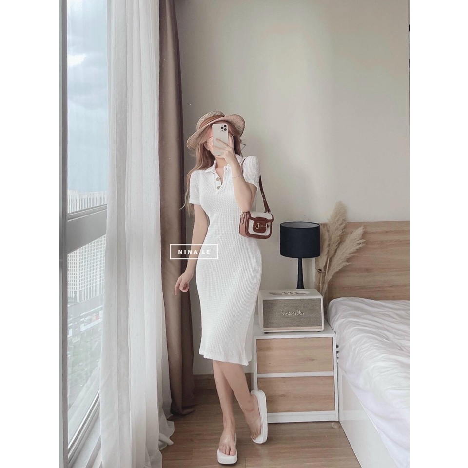Váy đầm nữ ôm body dáng dài, đầm thun xốp cổ bẻ tay ngắn đính nút đơn giản dạo phố xinh xắn