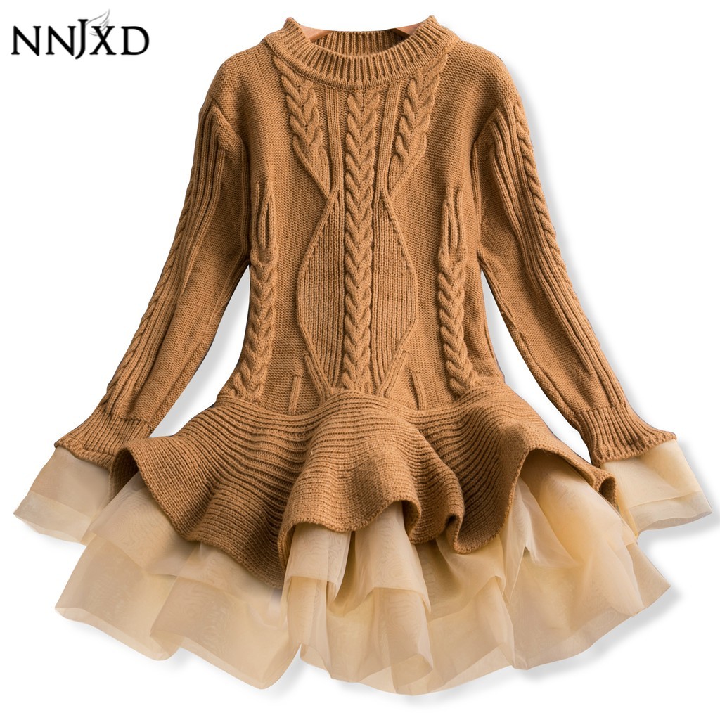 NNJXD Đầm xòe tutu dệt kim dài tay thời trang cho bé gái