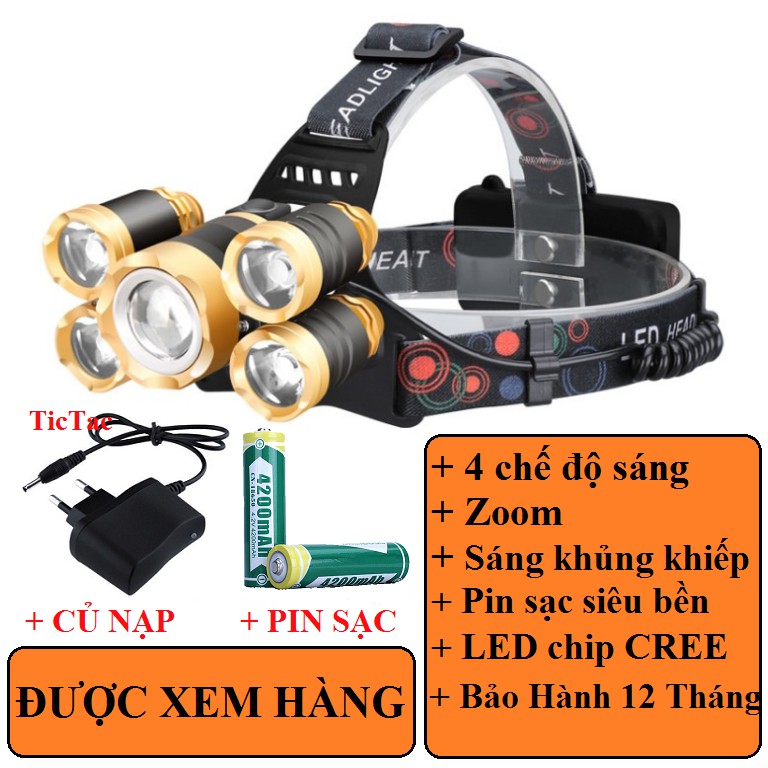 Đèn pin siêu sáng đội đầu 5 bóng lồi 4 chế độ sáng có Zoom chống nước