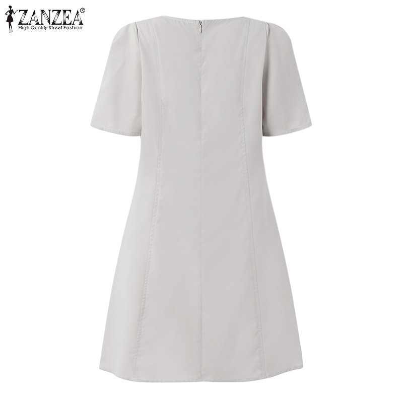 Đầm mini Zanzea tay ngắn phồng màu trơn dáng rộng có khóa kéo sau lưng thời trang cho nữ
