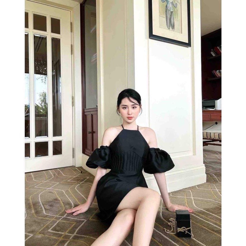 Đầm dự tiệc cổ yếm tay rớt chất phi dầy dặn - Rebecca
