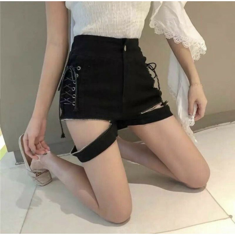 Quần shorts phối dây kéo lưng cao cấp