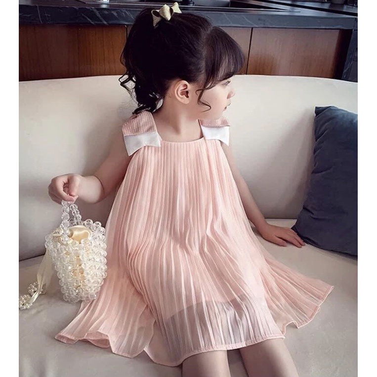 Váy Hai Dây Trẻ Em Cho Bé Gái Nơ 2 Bên Vai, Thiết Kế Xếp Ly Siêu Đáng Yêu Cho Bé - Đầm 2 Dây Xinh Ch