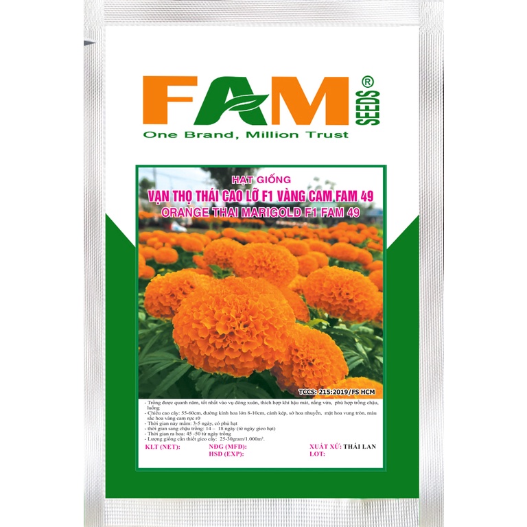 Gói 1gr Hạt Giống Hoa Vạn Thọ Thái Cao Lỡ F1 Vàng Cam FAM 49 - Hoa Siêu To 8-10cm, Màu Rực Rỡ
