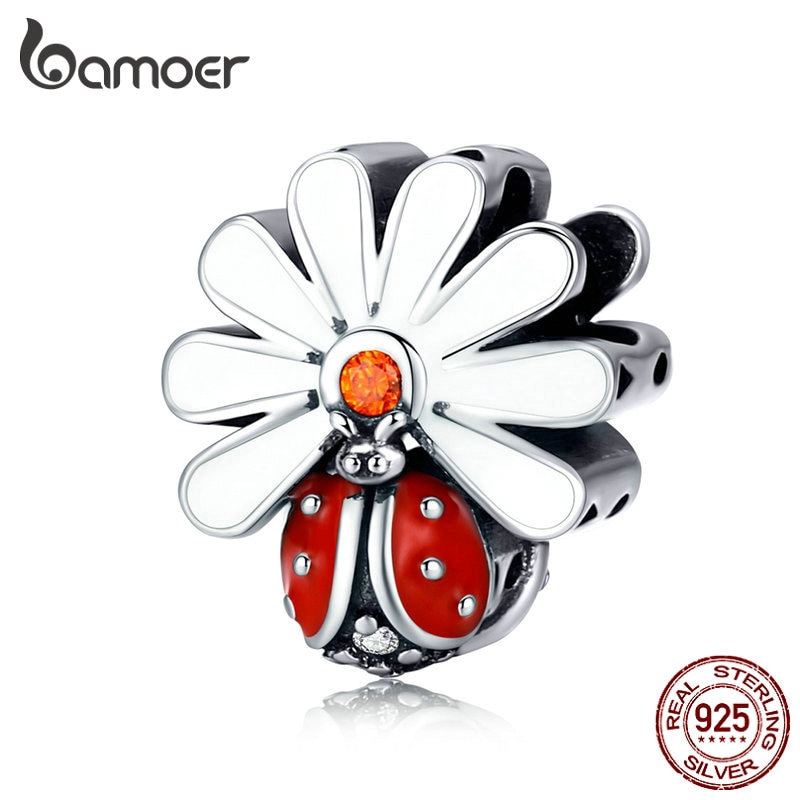 Hạt trang sức Bamoer Scc1276 bằng bạc 925 hình hoa cúc và bọ cánh cứng tự làm vòng tay cho nữ