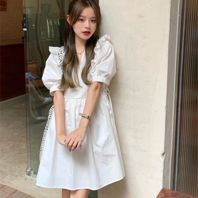 Đầm Mỏng Mùa Hè Tay Phồng Viền Màu Trơn Kiểu Pháp Mới Cho Nữ