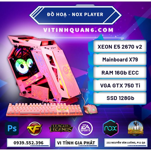 PC E5 2670 V2 case hồng cá tính, làm việc chơi game mượt mà