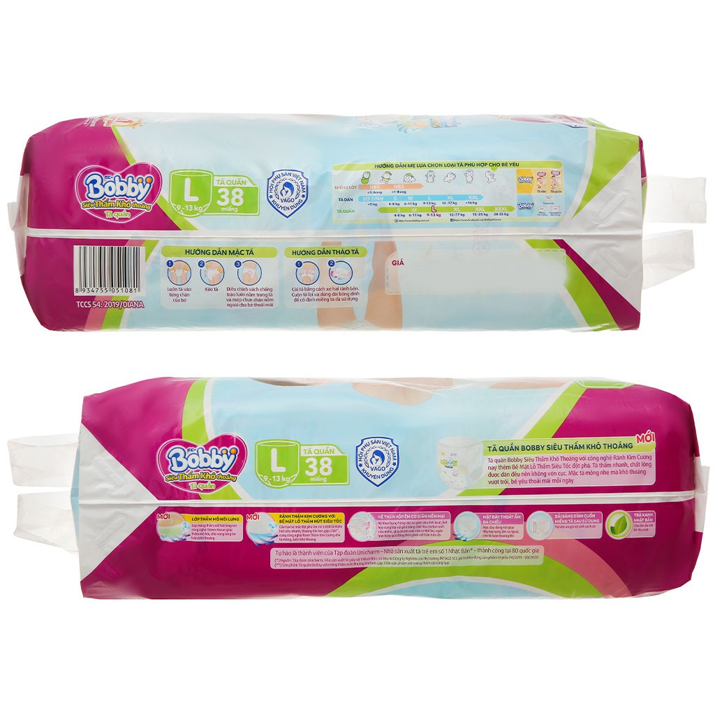[CHÍNH HÃNG] Bỉm - Tã Quần Bobby Siêu Thấm Khô Thoáng Size L38 (Lớp thấm mồ hôi lưng, cho bé 9-13kg)