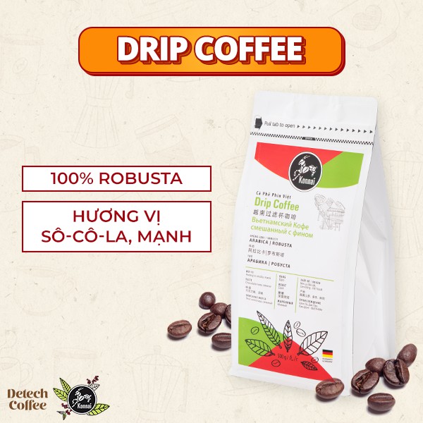 Cà phê rang xay Drip Coffee(1kg) pha phin, pha máy 100% Robusta Konnai Coffee phù hợp văn phòng, gia đình, quán cà phê