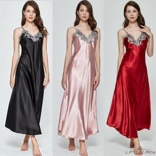 Đầm ngủ dáng dài cổ chữ v vải lụa satin quyến rũ cho nữ