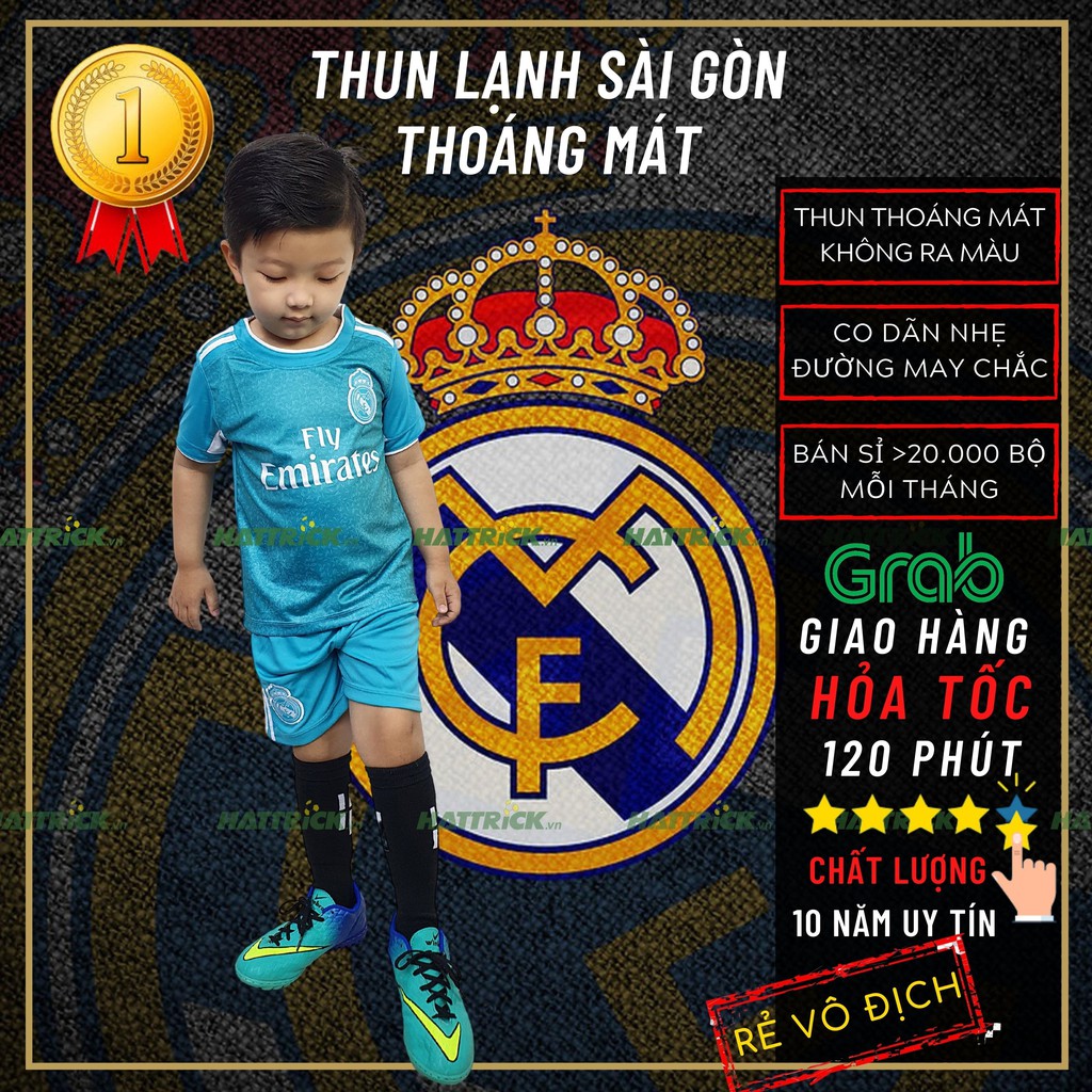 Bộ thể thao bóng đá trẻ em Real xanh ngọc 2021 (11kg-41kg) thun Sài Gòn thoáng mát may chất lượng, xưởng bán sỉ uy tín