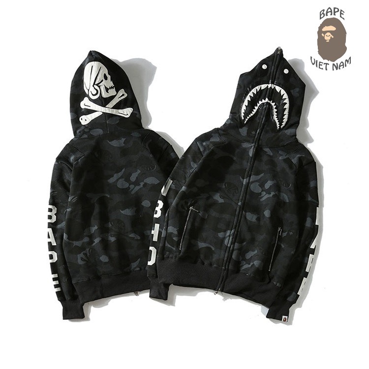 [Ảnh thật + FREESHIP] Jacket Bape Shark x NBHD Camo Black fullzip , Áo Hoodie Bape Cá Ngáo